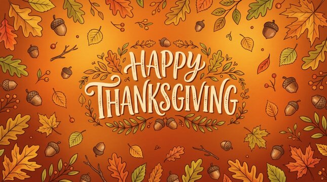 Happy Thanksgiving Greeting with Autumn Leaves and Acorns Illustration