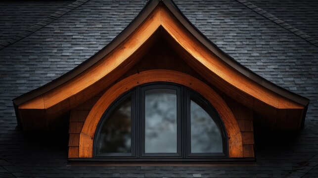 A close up of a beautiful wooden arched dormer window set into a dark gray shingled roof. Ideal for architecture and residential construction concepts.