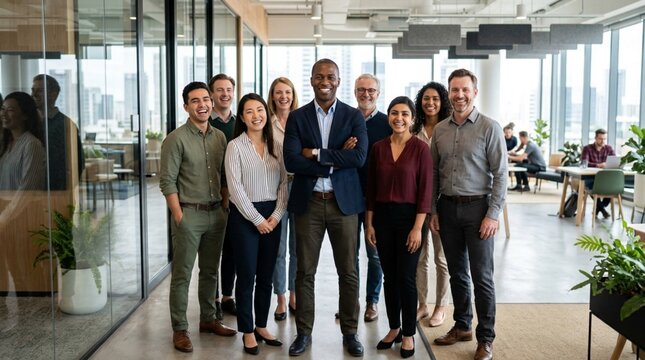Confident diverse business team posing together in modern open-plan office with glass walls and city views