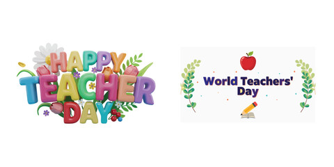 Fototapeta premium Happy World Teachers Day Typography Design With Colorful School Elements, Apple, Pencil, Books, Floral Leaves And Educational Celebration Theme