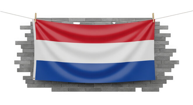 Netherlands flag hanging on a rustic brick wall background isolated on transparent background