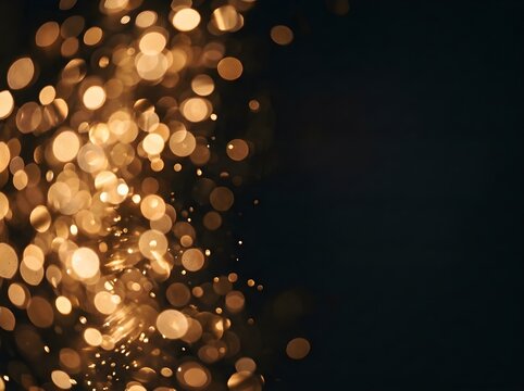 Golden bokeh light particles on black background. Shimmering amber glitter texture. Festive glowing sparks for holiday design.
