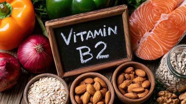 A chalkboard sign labeled Vitamin B2 surrounded by fresh healthy food ingredients. Use this image for nutritional health and dietary supplement wellness concepts.