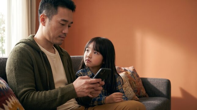 Father Ignoring Daughter While Using Smartphone on Sofa