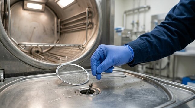 Sterile processing technician checking a sterilization indicator's color change after a completed autoclave cycle