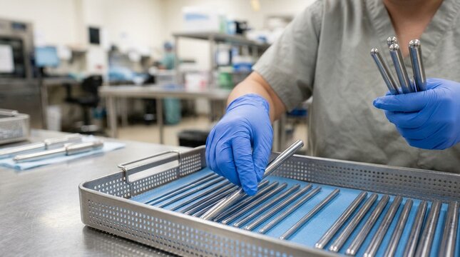 Sterile processing technician counting a full set of dilators before placing them into a tray
