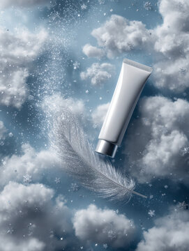 Cosmetic cream tube with silver cap floating among soft clouds and delicate feather surrounded by sparkling particles and snowflake shapes on blue background