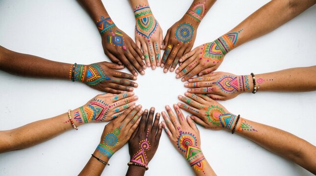 Diverse hands with bright colorful henna and paint patterns forming a unity circle, overhead close-up view celebrating multicultural friendship, diversity, and inclusion on white background