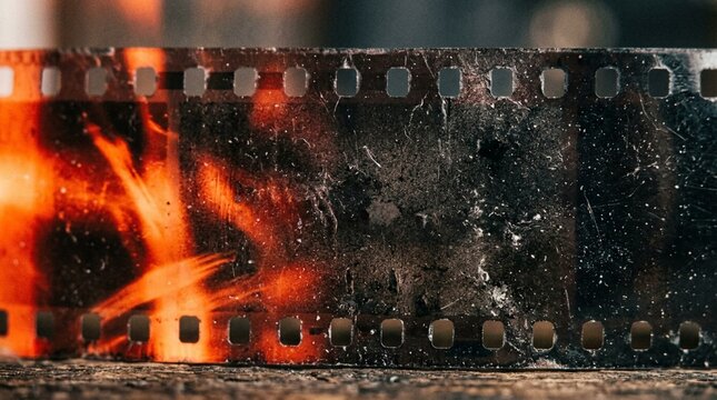 Vintage film strip with heavy grain texture, dust particles, scratches, and warm orange light leaks on dark background, retro analog photography aesthetic