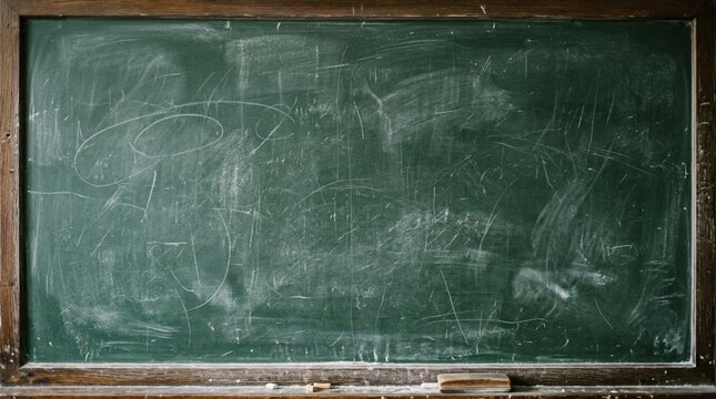 Weathered green chalkboard with chalk smudges, scratches, and erased writing on rustic wooden frame, empty classroom backdrop for education and learning concepts