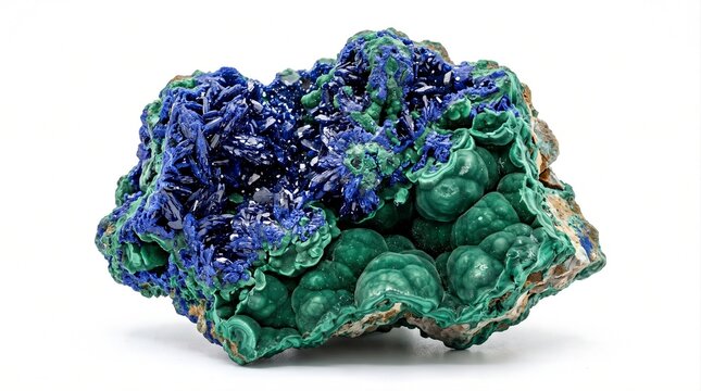 Natural mineral specimen combining deep blue azurite crystals with vibrant green malachite formations, isolated on a clean white background.