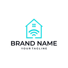 Fototapeta premium Modern cyan smart home logo with a Wi-Fi signal and window, ideal for home automation, IoT, internet services, security, or connected property brands.