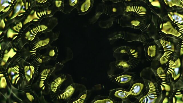 An abstract visualization of dynamic water ripples featuring geometric or cymatic patterns that resemble biological cell structures or futuristic mandalas. 