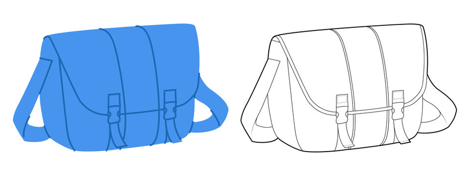 Courier Carryall Messenger Bag silhouette. Fashion accessory technical illustration. Vector satchel front 3-4 view for Men, women, unisex style, flat handbag CAD mockup sketch outline isolated