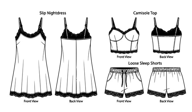 Lace Trim Women's Sleepwear CAD Fashion Template Slip Dress Camisole and Shorts Front Back Vector