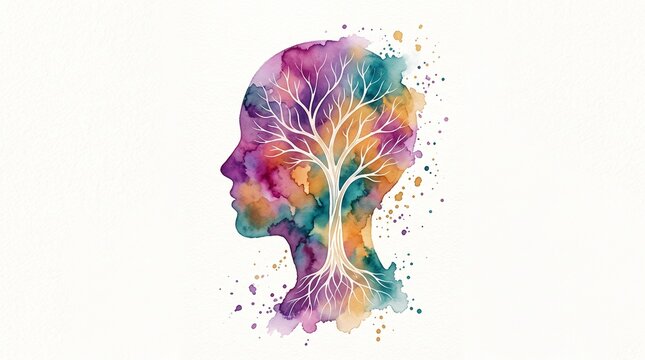 Mental Health Concept with Tree and Watercolor Head Profile