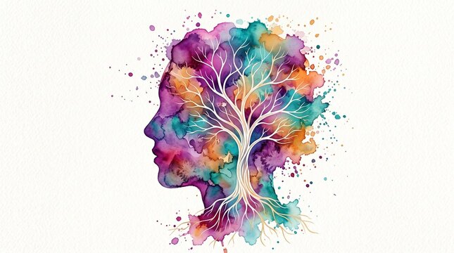 Watercolor human head silhouette with a growing tree symbolizing mental health