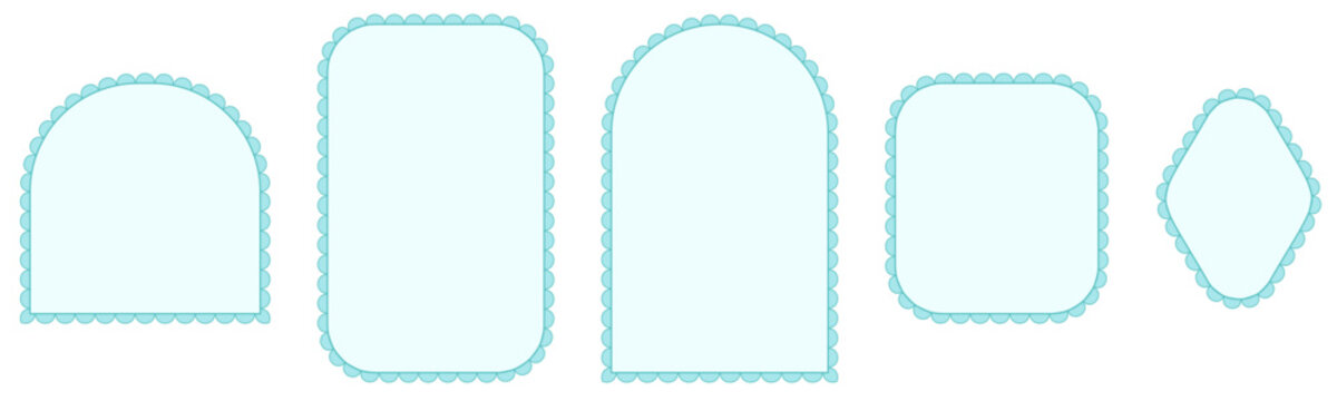 Cyan scalloped lace border frames form wide arch, tall rectangle, rounded square plus diamond shapes as clean modern trim isolated on white background vector illustration for labels and cards.