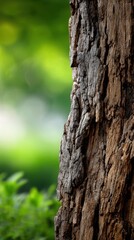 Fototapeta premium Detailed textured bark of a tree trunk with blurred bright green foliage background in natural outdoor setting