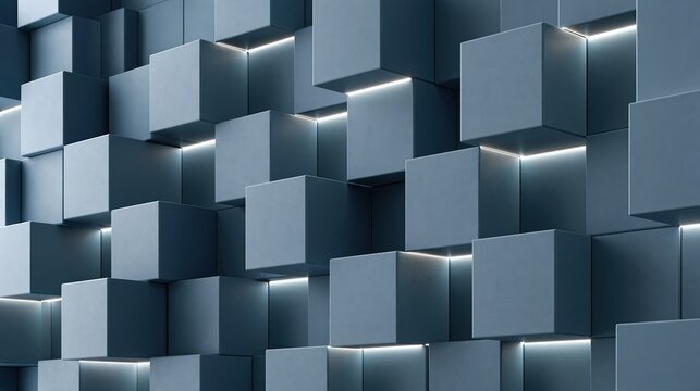 Dark Blue Grey Geometric Cubes Background, Modern Abstract 3D Blocks Array, Tech Glowing Space Architectural Structure Visual Asset