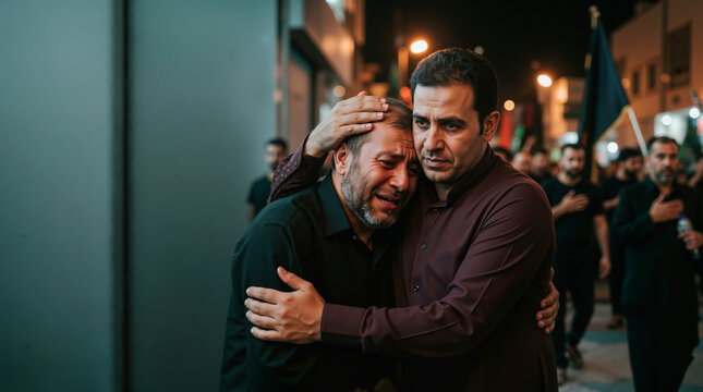 Two men embracing during a religious mourning procession. One man crying while being comforted by his friend. Concept of grief, empathy, and brotherhood at night