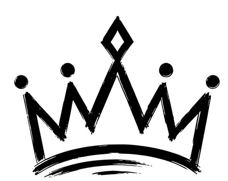 Hand drawn brush stroke crown icon in black ink. Grunge king and queen crown silhouette with dots and a diamond shape, isolated on white. Royal logo, tattoo and t-shirt print design element.