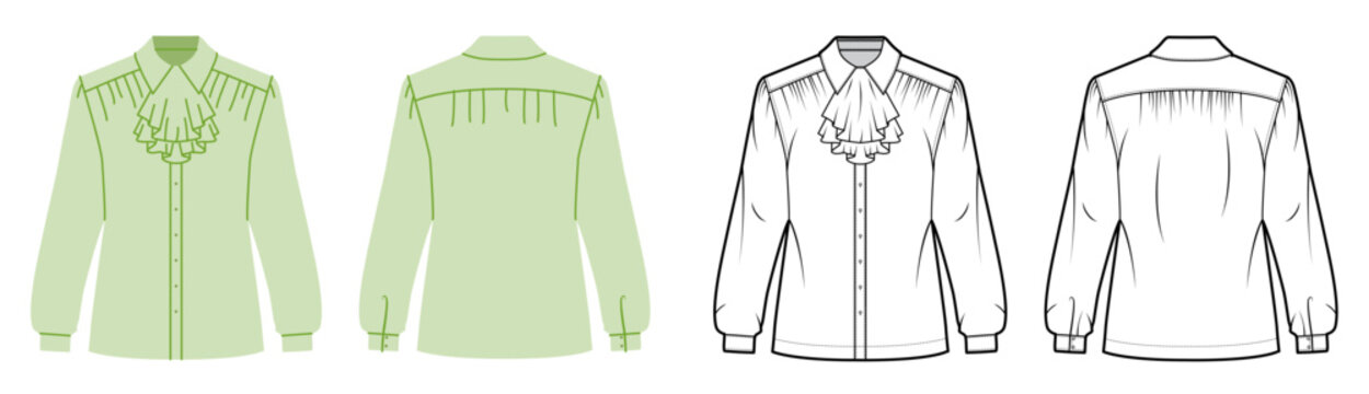 Button shirt ruffle front detail, long sleeves structured silhouette, decorative layered design. Technical fashion illustration in black white and color, front back views, modern apparel CAD template