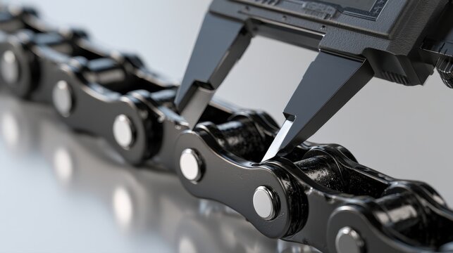 Precision measurement of a steel roller chain using digital calipers for accurate engineering and mechanical component inspection on a reflective surface