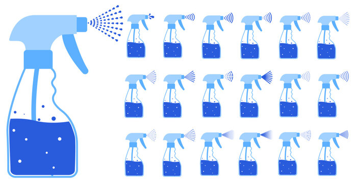 Set of nineteen blue spray bottles filled bubbly liquid shows diverse mist jet droplet line patterns. Ideal for cleaning disinfection UI kits packaging hygiene apps logos marks symbols