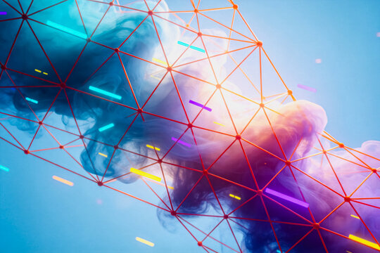 A futuristic abstract graphic featuring ethereal colored clouds over a geometric wireframe network with glowing accents.