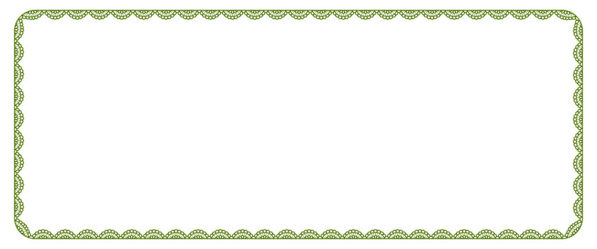 Olive green bold eyelet scallop lace horizontal rectangle border with broderie anglaise cutwork trim encloses. white center as classic vintage frame for wedding invitations or cottagecore craft labels