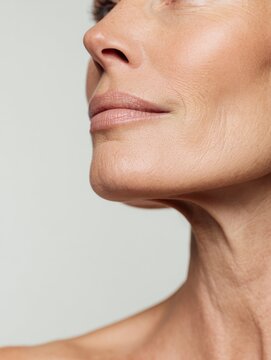 Close-up of mature adult facial skin and neck in profile