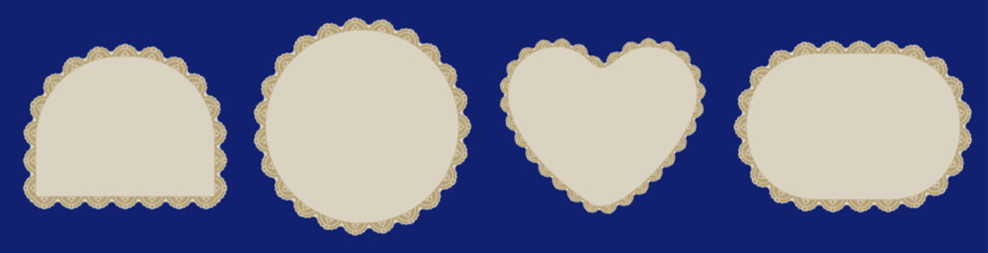 Tan pearl scallop lace frames outline arch, circle, heart plus capsule pill borders on navy as ornate Victorian textile trim for wedding invitations or cottagecore craft label cards.