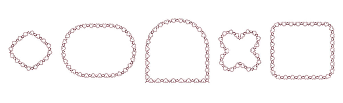 Mauve heart chain lace border frames form diamond, pill oval, arch, quatrefoil plus rounded square shapes as delicate romantic trim isolated on white background for wedding valentine cards.