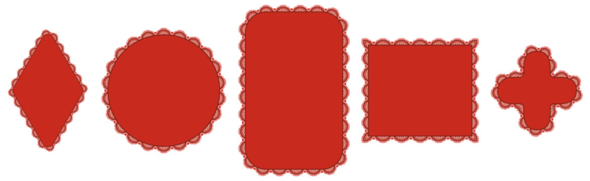 Red bold eyelet scallop lace borders outline diamond, circle, capsule, square plus cross frames on white as classic vintage cutwork trim for wedding invitations or cottagecore craft label cards.