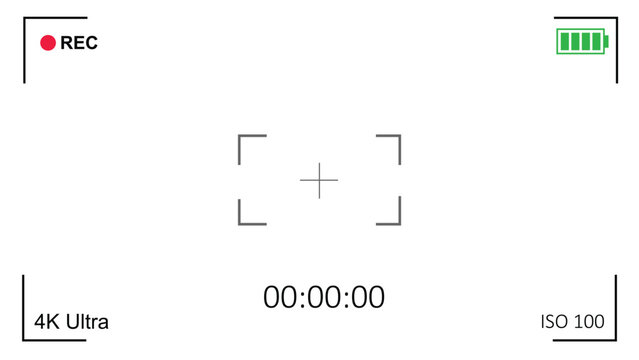 Camera viewfinder screen overlay with recording indicator and timecode.