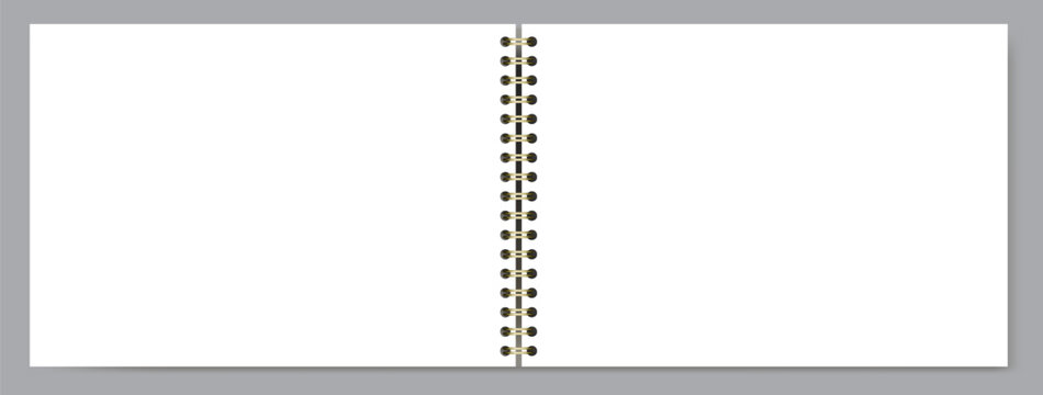 White blank notebook page shows unruled surface, side wire binding, and wide landscape format on background. Suitable for schoolwork, planning, stationery layouts, notes and printable worksheets