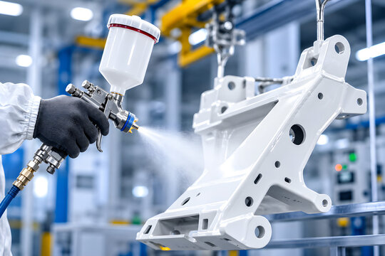 Industrial spray painting process. Professional technician using airbrush on metal part. Automotive coating factory.