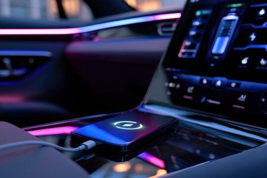 Modern smartphone charging on wireless pad inside futuristic car interior with colorful ambient lighting and digital control panel