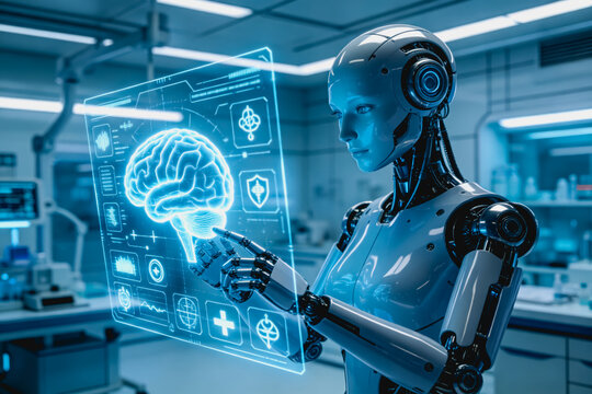 A humanoid robot interacts with a holographic brain interface in a futuristic laboratory setting, showcasing advanced AI and medical research technology.