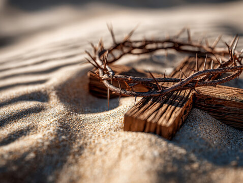 Wooden cross laid on sand with a thorny crown resting atop symbolizing sacrifice and spiritual reflection under natural sunlight in a peaceful setting