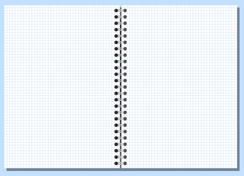 Openwide notebook spread shows silver central coils, white blue grid surface, neat perimeter, soft shadow, grey backdrop. For printable stationery, education, office writing, notes, planning