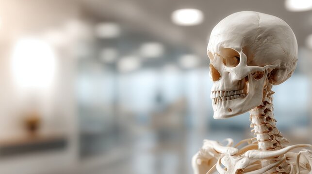 Human skeleton model viewed from the side in a bright modern medical or educational facility with blurred background lighting and furnishings