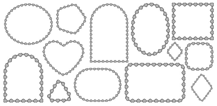 Ornate black heart lace borders create scalloped crochet frames in arch, oval, square plus diamond forms as romantic vintage trim isolated on white background for invitations or cards.