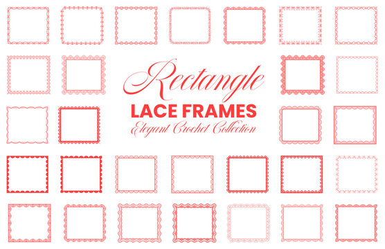 Pink rectangle lace frame set with scalloped crochet borders, bow trims, floral eyelets, pearl dots on white background for wedding invitations, valentine cards, printable craft stationery labels.