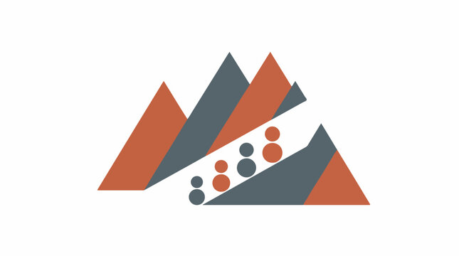 Minimalist logo consisting of geometric shapes, triangles representing mountains and circles representing a family of four climbing upwards, modular abstract design, terracotta and slate grey