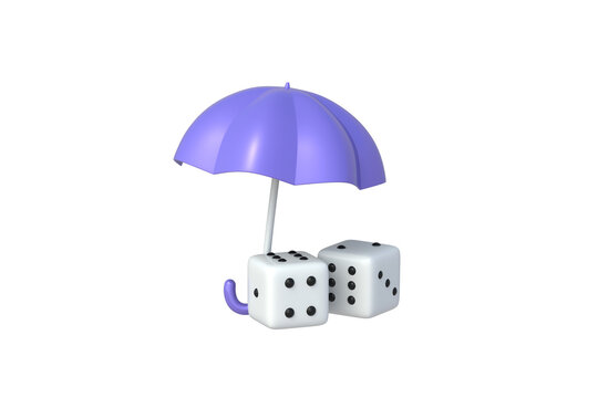 Coverage for unpredictable losses. Protection against accidental risks. Gambling investment insurance. Random threat mitigation. Two dices under umbrella isolated on white background. 3d render