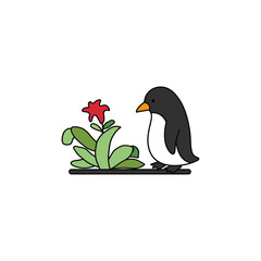 Fototapeta premium Penguin Standing Next to Red Flower Green Plant Illustration.