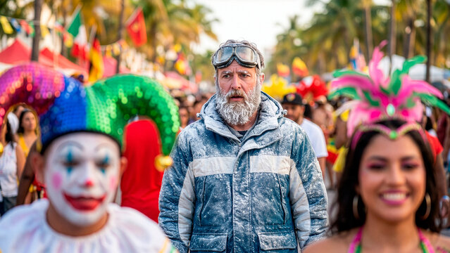 Man covered in snow wearing goggles walks through a vibrant carnival parade with clowns and festive costumes
