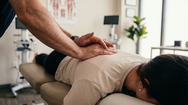 Male chiropractor hands, pressing on mid back, executing spinal manipulation on female patient, in modern physical therapy room, healthcare photography